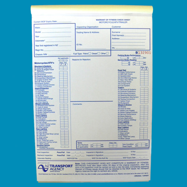 WOF Check Form M/Cycle Pad 50