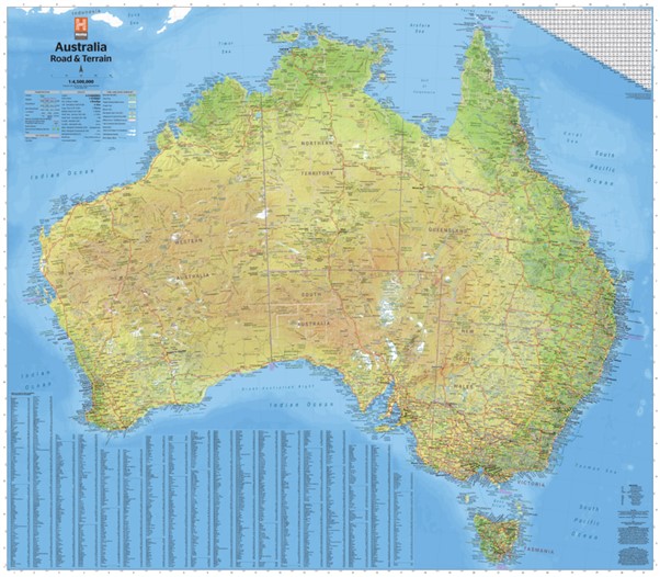 Australia Road & Terrain Map 1000x875  Laminate Tubed